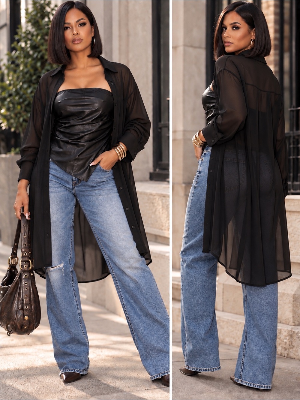 2pc Sheer Black Longline Button-Down Shirt W/ Vegan Leather Tub Top